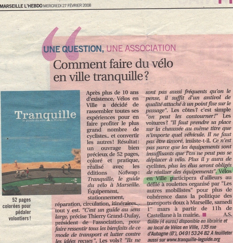 2008.02.27.Marseille lHebdo.Comment faire du vélo en ville tranquille