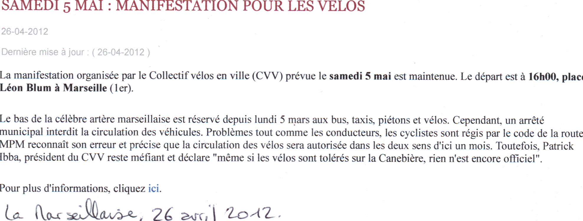 2012.04.26.La Marseillaise.Samedi5 mai manifestation pour les vélos