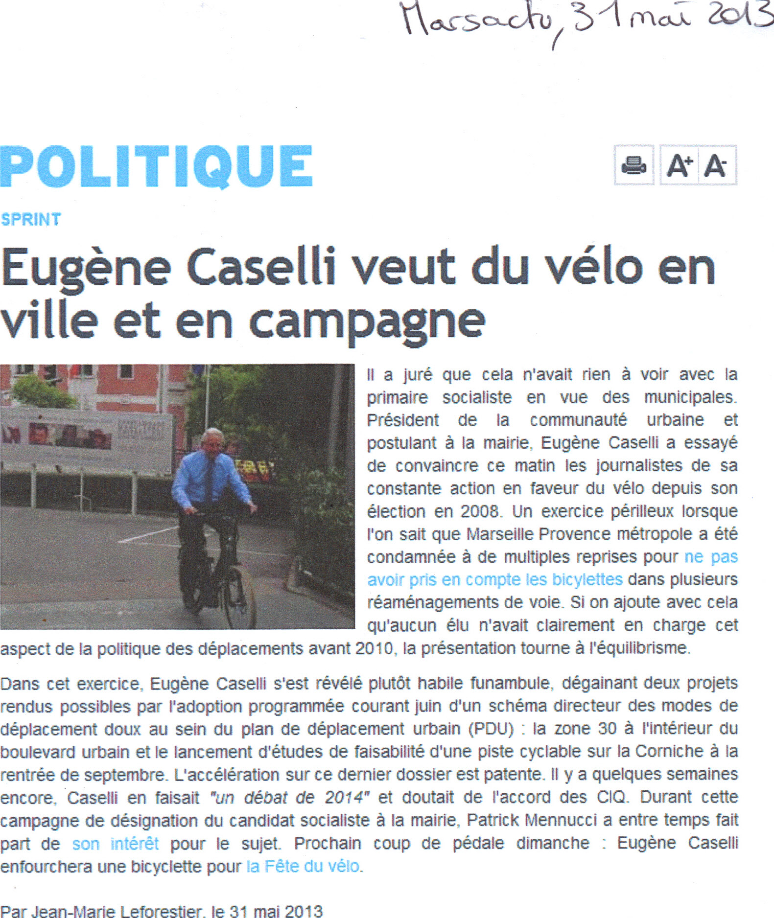 2013.05.31.Marsactu. Eugène Caselli veut du vélo  en ville et en campagne