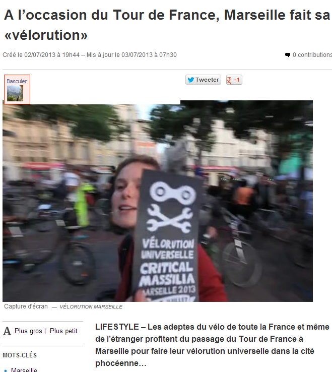 2013.07.02.20minutes. A loccasion du tour de France Marseille fait sa vélorution 1