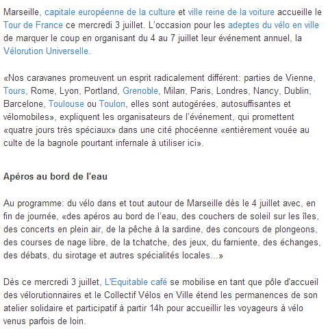 2013.07.02.20minutes. A loccasion du tour de France Marseille fait sa vélorution 2