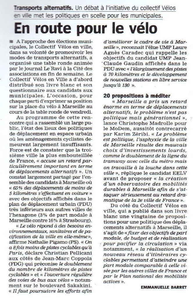 Collectif Vélos en Ville Table ronde place du vélo Municipales 2014 Marseille