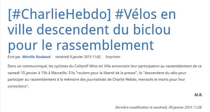 Collectif Vélos en Ville Marseille Rassemblement je suis Charlie La Marseillaise