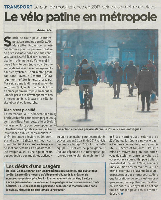 20minutes 20170503, Collectif Vélos en Ville, 20 minutes, Aménagements cyclables, Marseille