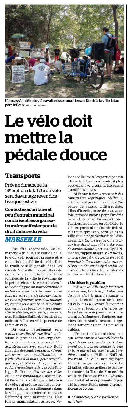 Annonce fte du vlo 2017 - la marseillaise 2017-05-30, Collectif Vélos en Ville, Marseille, Fête du Vélo, 2017, La Marseillaise