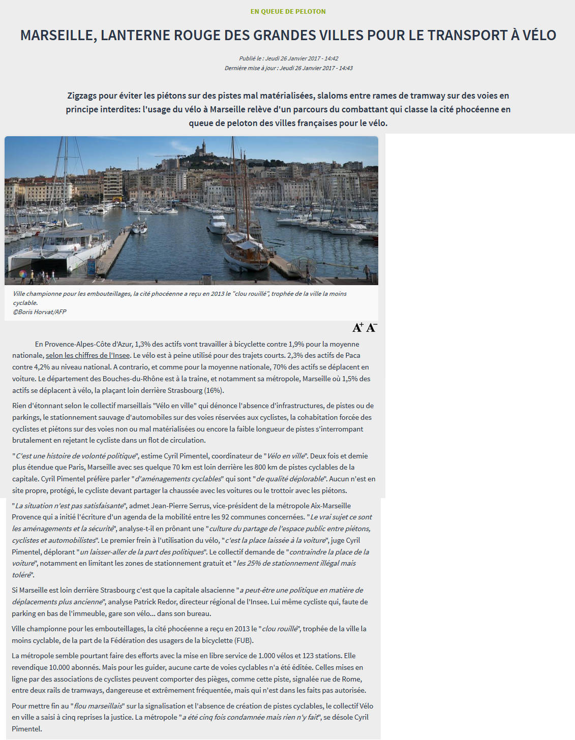 FranceSoir 26012017, Collectif Vélos en Ville, France Soir, Marseille, Vélo, Aménagements cyclabes