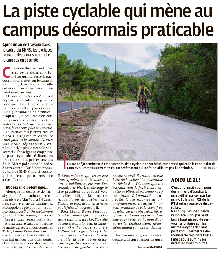 Provence  01 09 2018 Piste cyclable Luminy - Parution-du-01-septembre-2018