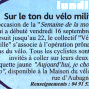 Marseille L'Hebdo 14 septembre 2005 - Collectif Vélos en Ville
